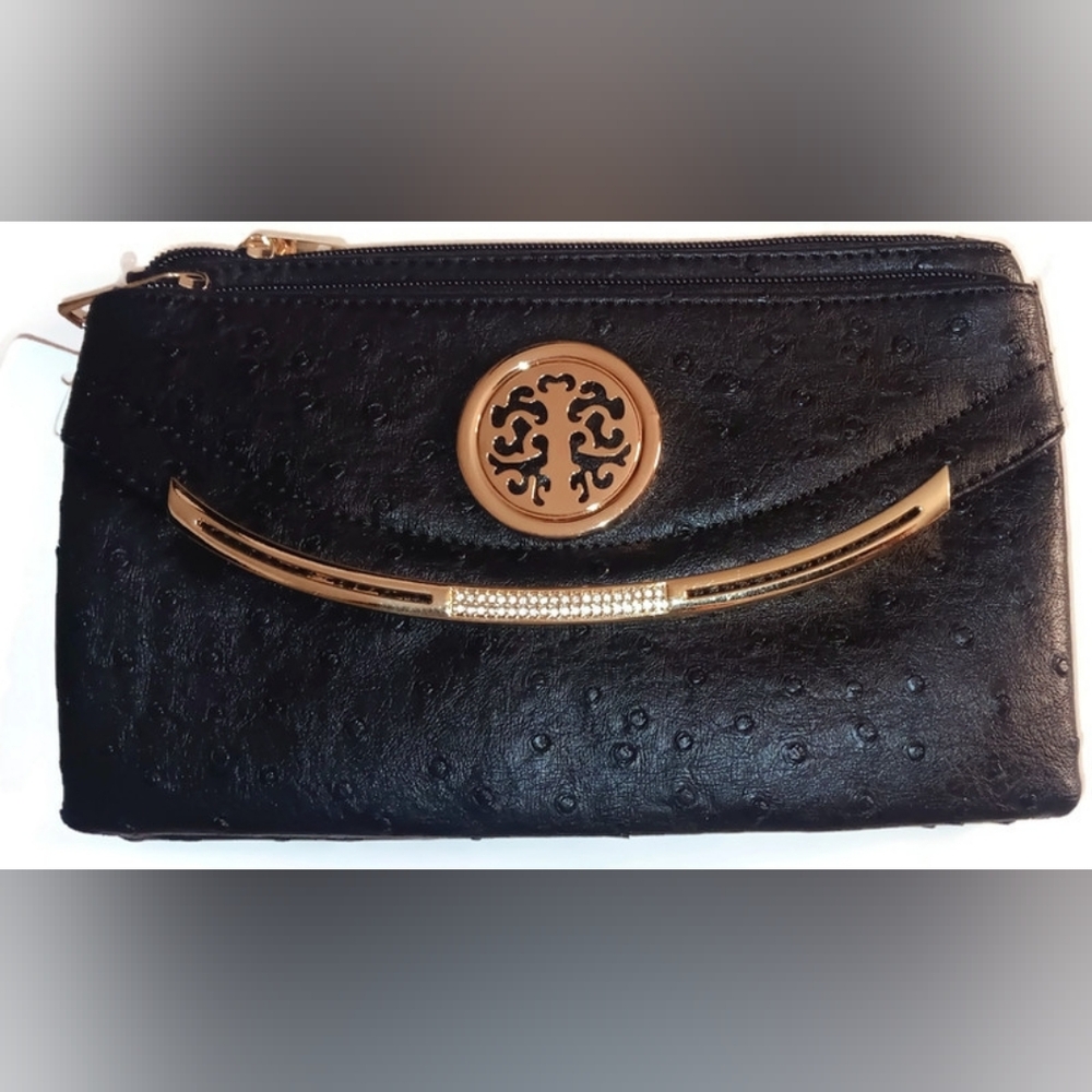 Women's Ostrich Crossbody/Wristlet Bag, Black - Picture 1 of 7